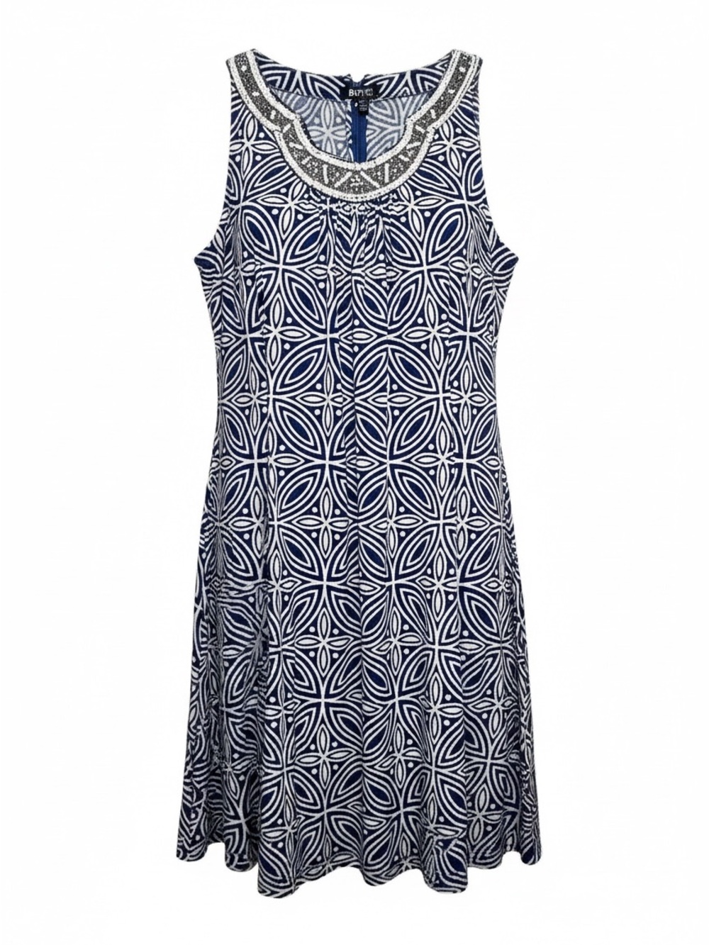 Sleeveless Navy & White Pattern Shift Dress Beaded Details Pleat A-Line Dress PL
